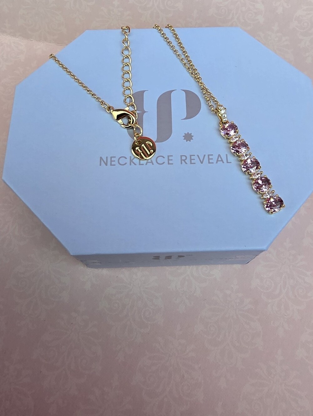 Bomb Party Gold Necklace with Pink Gemstone Vertical Bar Pendant